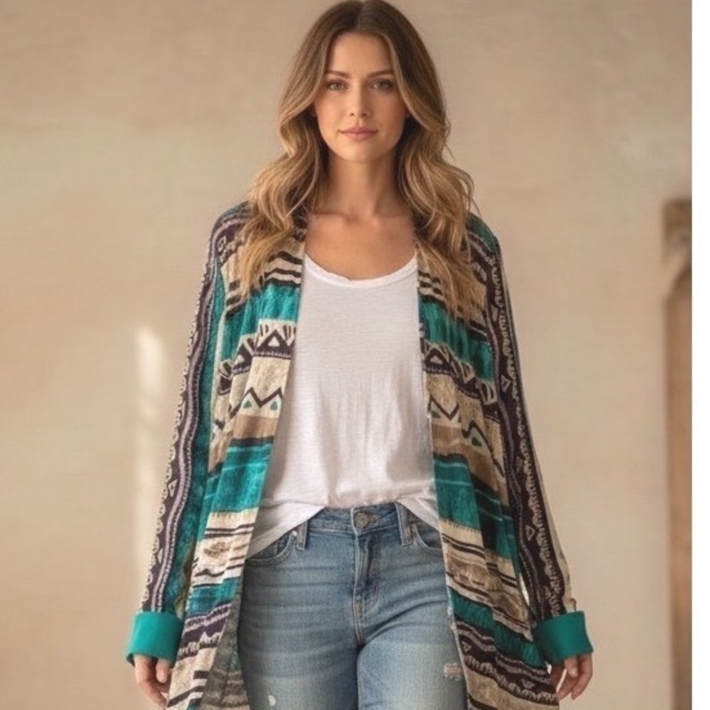 Peri Petites Women Teal Southwestern Geometric Open Front Duster Cardigan 14
